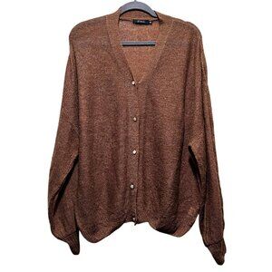 Brown Loose Knit Cardigan Sweater With Button Front & Balloon Sleeves By Cmoi